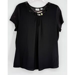 Jaclyn Smith Collection‎ Black Lattice Neck Pleated Blouse Womens Sz XL New